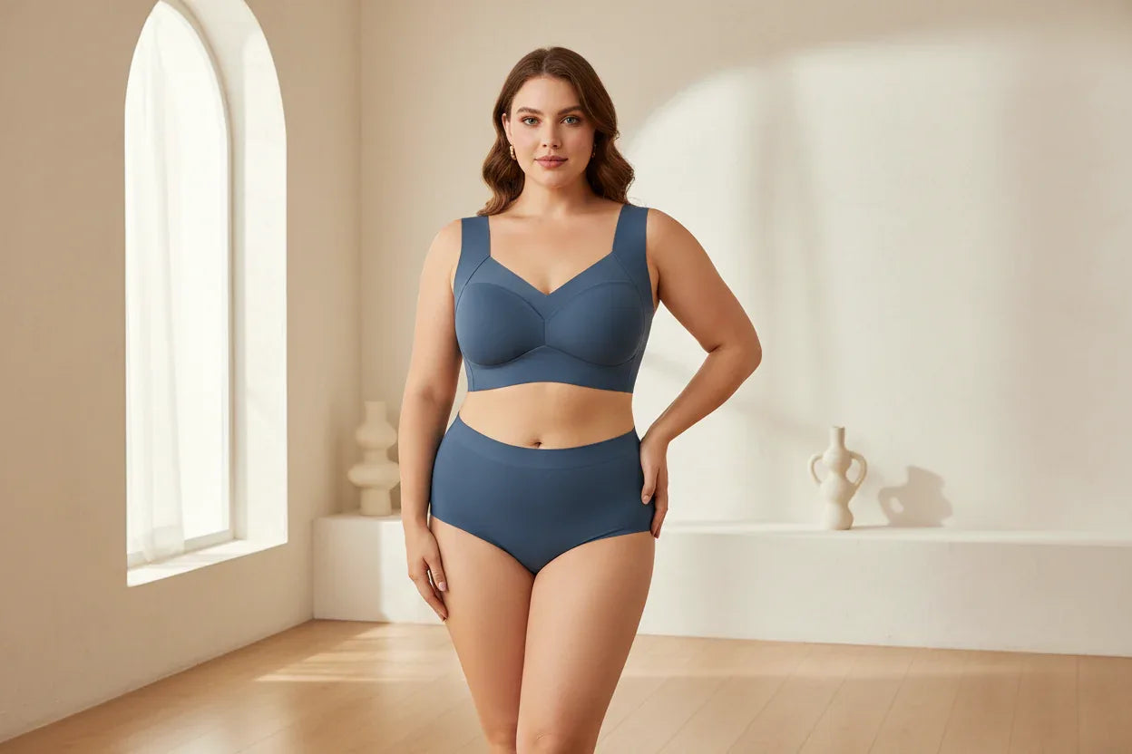 Beautiful woman wearing deep blue wireless bra