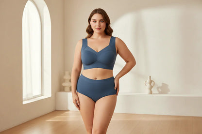 Beautiful woman wearing deep blue wireless bra