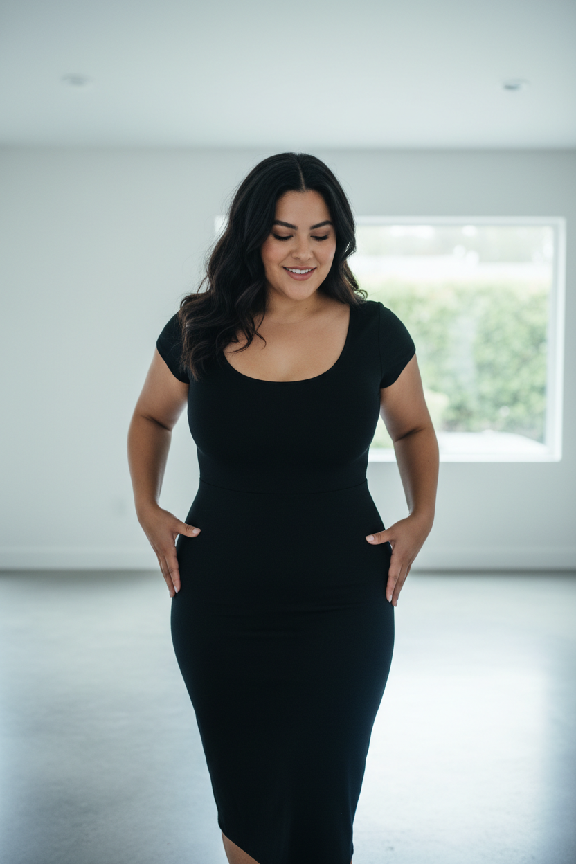 Woman genuinely happy in fitted dress