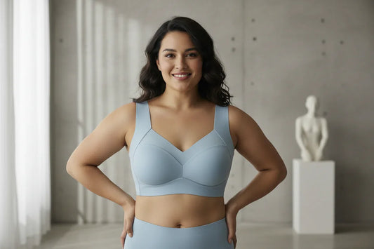 Woman of diverse background wearing light blue wireless bra
