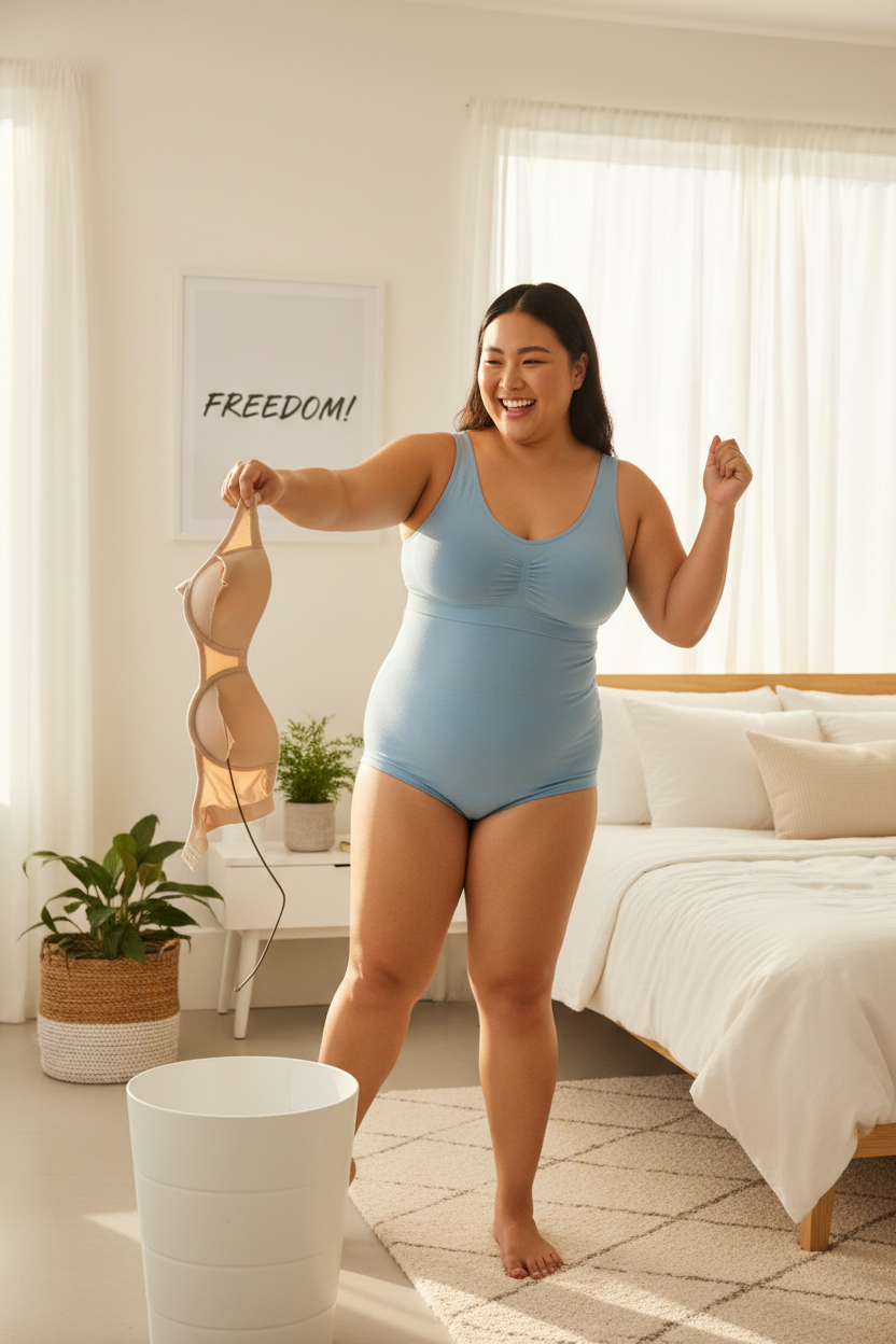 Woman throwing broken underwire bra in trash