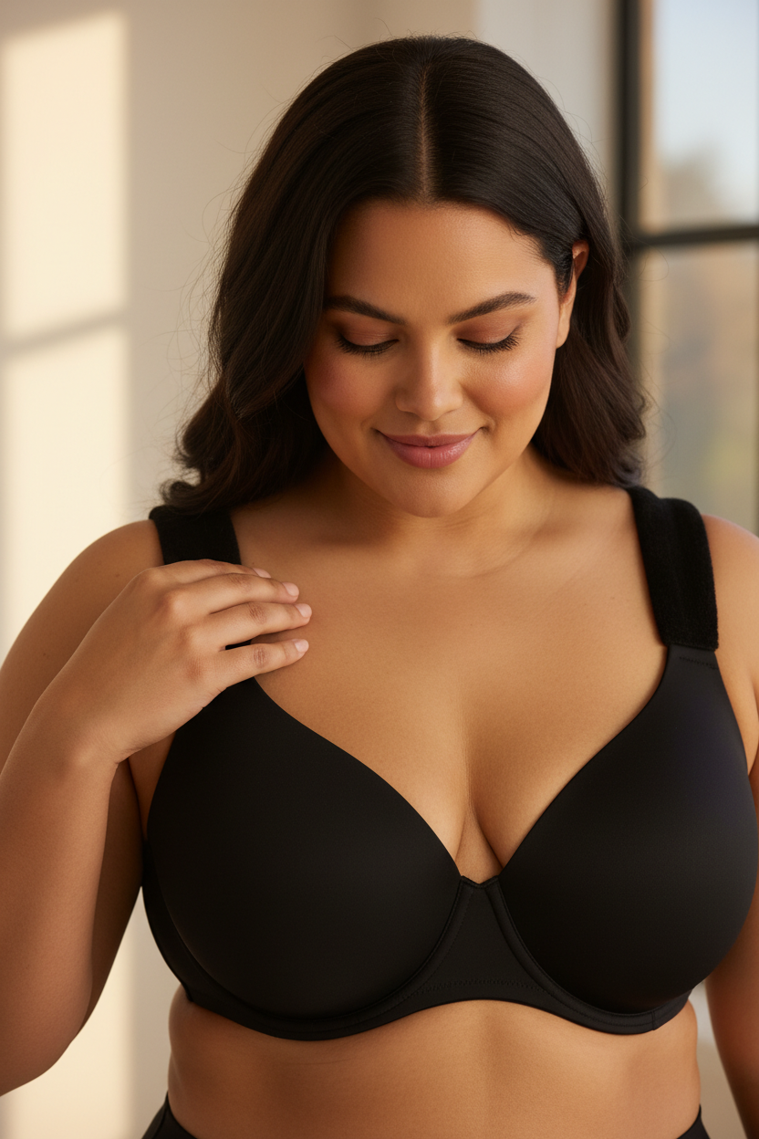 Woman touching wide cushioned strap with smile